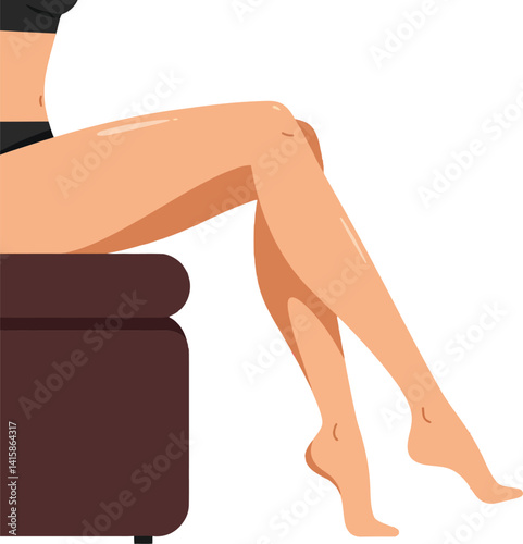 Female legs in black underwear sitting on brown couch minimal flat style vector illustration