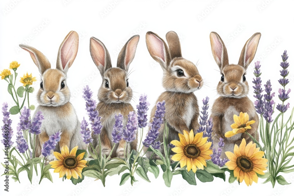 Obraz premium A watercolor illustration on a white background showcases a cute baby bunny and flowers, all hand-drawn for a spring-themed set of adorable animals