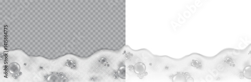 Foam effect isolated on transparent and white background. Soap, gel or shampoo bubbles overlay suds texture. Vector soapy template