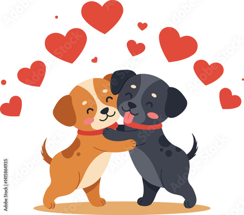 Two affectionate puppies hugging with red hearts above in cute flat style vector illustration