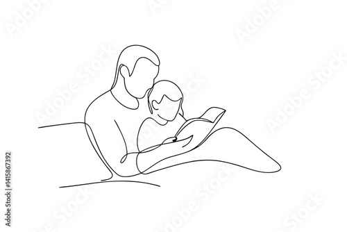 Father reading a book together with his daughter in one line