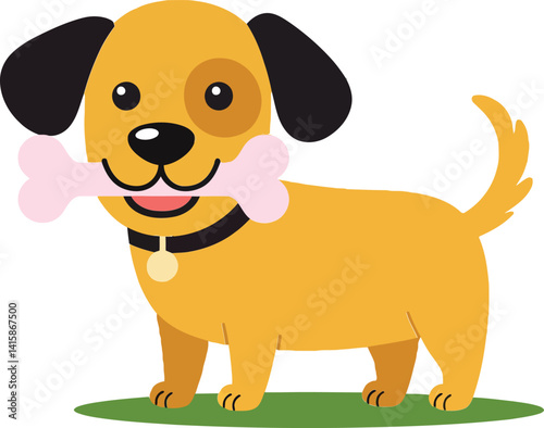 Small brown dog with black ears holding pink bone in mouth standing on green grass flat design vector illustration