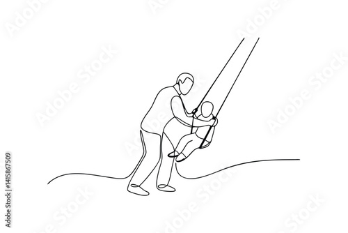 Continuous line art father pushing child on swing outdoor recreation