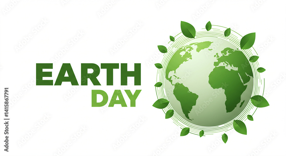 Earth Day text in bold modern sans-serif font with green leaves and abstract globe on white backdrop, clean and professional minimalist eco-themed design Earth Day text in bold modern sans-serif font with green leaves and abstract globe on white backdrop, clean and professional minimalist eco-themed design
