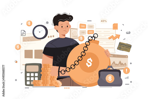 Character having financial problems, debts and loans. Man tied to a heavy weight with dollar bill. Agency and carrying debt. Flat cartoon vector illustration