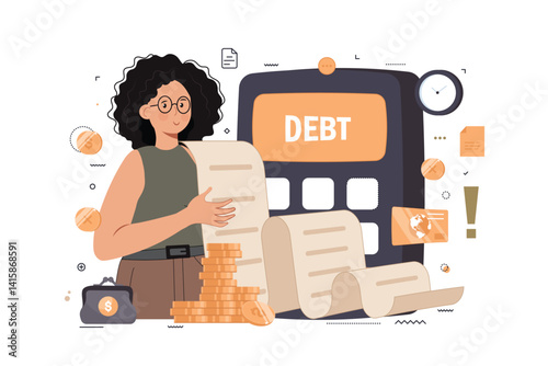 Character having financial problems, debts and loans. Woman holding a very long bill. Agency and carrying debt. Flat cartoon vector illustration