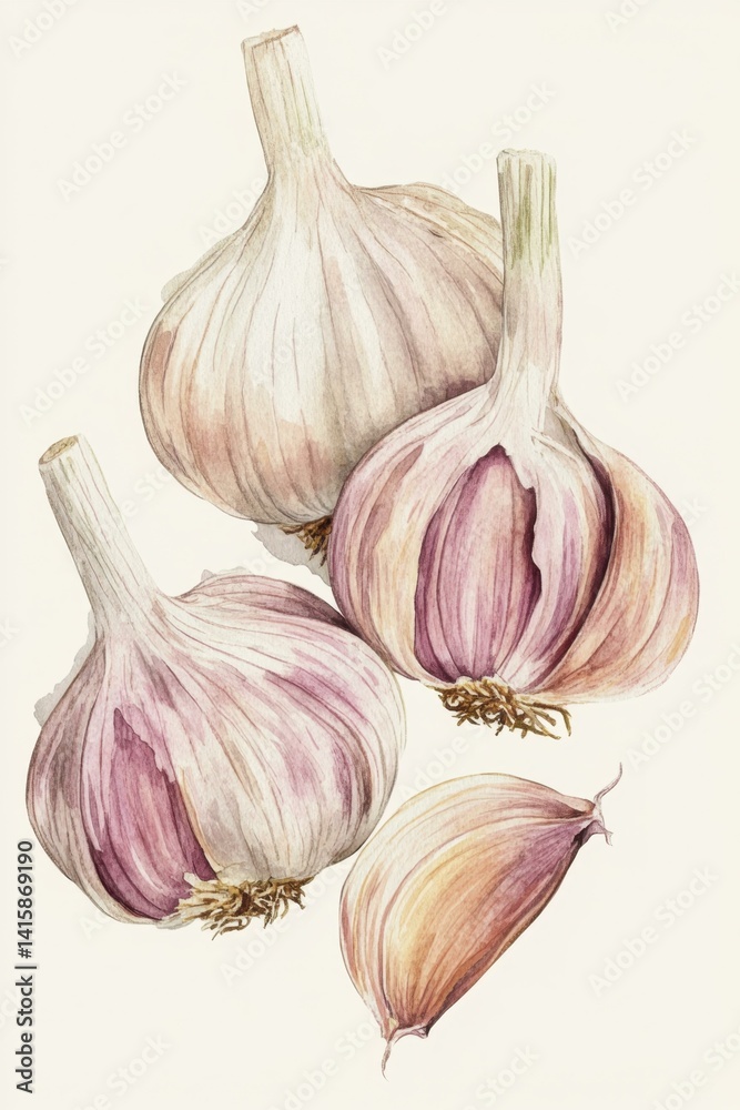 Obraz premium Watercolor Garlic Bulbs and Clove Botanical Painting Food Ingredient