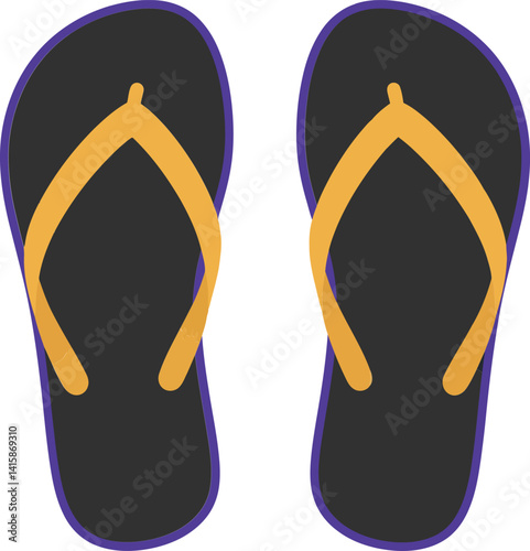 Pair of black and yellow casual flip flops with simple flat minimal design isolated on white background vector illustration