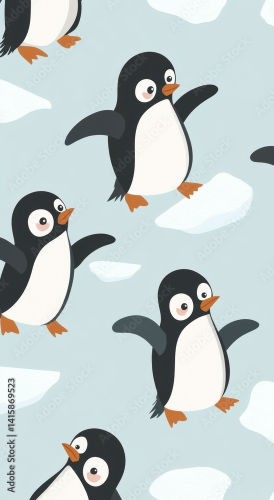 Obraz premium Cute Penguins Walking Ice Snow Winter Background