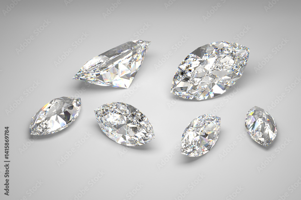 Scattering of diamonds of different sizes on the white background. Exhibition of precious stones. Marquise cut. 3d rendering. Scattering of diamonds of different sizes on the white background. Exhibition of precious stones. Marquise cut. 3d rendering.