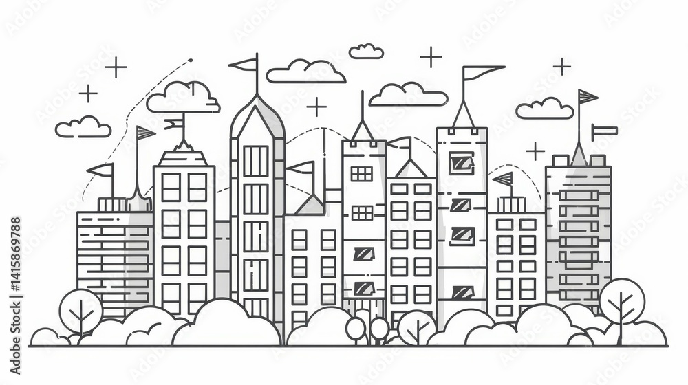Monochrome Line Drawing Cityscape with Skyline Buildings Trees and Clouds Monochrome Line Drawing Cityscape with Skyline Buildings Trees and Clouds