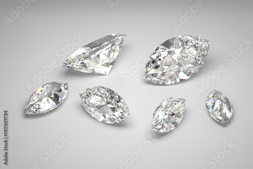 Scattering of diamonds of different sizes on the white background.  Exhibition of precious stones. Marquise cut. 3d rendering.