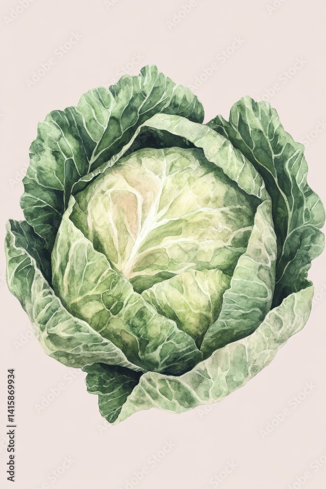 Obraz premium Watercolor painting of a fresh green cabbage on pastel background