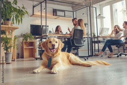 Happy Dog in an Office Setting Engaging with the Team and Employees