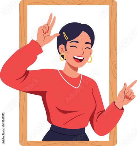 Young woman smiling and making peace sign in red sweater with gold accessories in minimal flat vector illustration