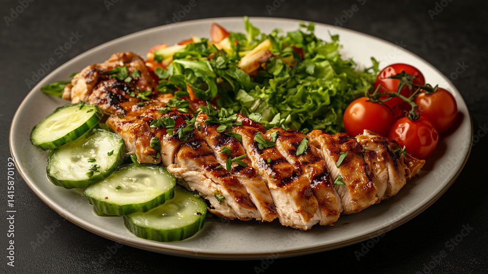 A beautifully served chicken doner kebab with fresh salad cucumber slices and cherry tomatoes with herbs (6) A beautifully served chicken doner kebab with fresh salad cucumber slices and cherry tomatoes with herbs (6)