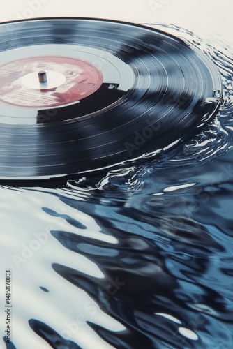 Vinyl record disk partially submerged in blue water reflecting light on surface ripples