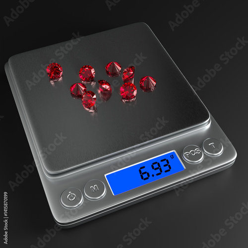 Precise digital scales with rubies on the black background. Side view. Jewelry industry. 3d rendering.