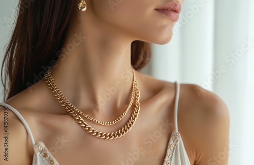 Beautiful brunette model wears gold chain necklace. Modern jewellery, bijouterie design. Attractive woman with long hair, gentle skin, sexy style. Close up, luxury concept for fashion, advertising,
