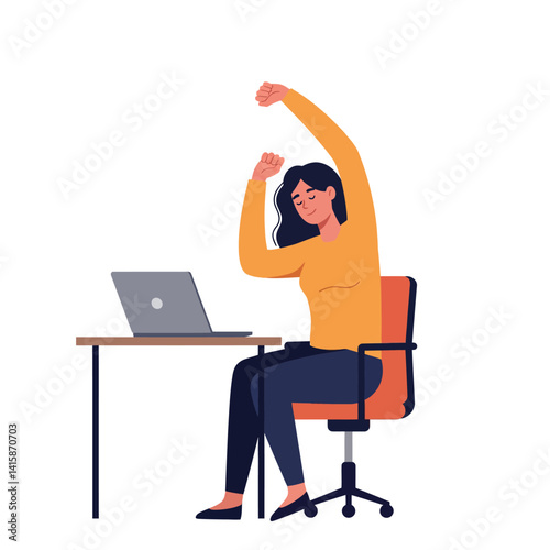 Woman stretching arms while sitting on office chair working at desk with laptop flat design vector illustration