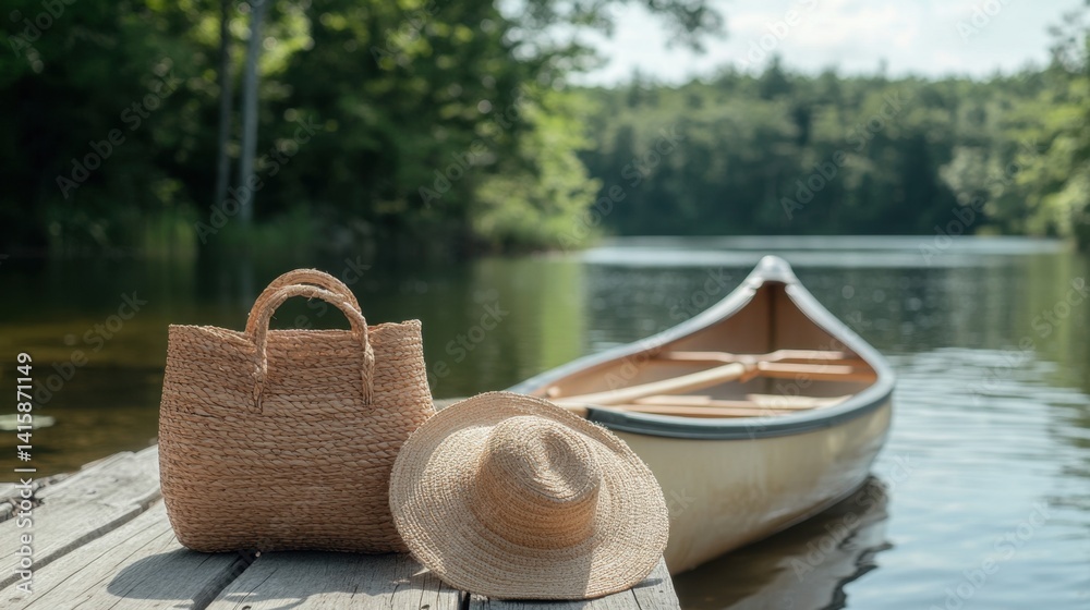 Obraz premium A bag and hat are casually placed on a dock beside a canoe, creating a serene summer scene by the water's edge
