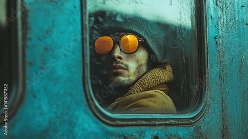 A traveler gazes thoughtfully out of a fogged train window, reflecting both introspection and the journey ahead while wearing stylish sunglasses