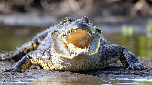 A crocodile caught mid-yawn, looking like it's laughing at a joke --ar 16:9 --v 6.1 Job ID: bd89cfb5-4b43-46eb-85e0-239e270aa9d0