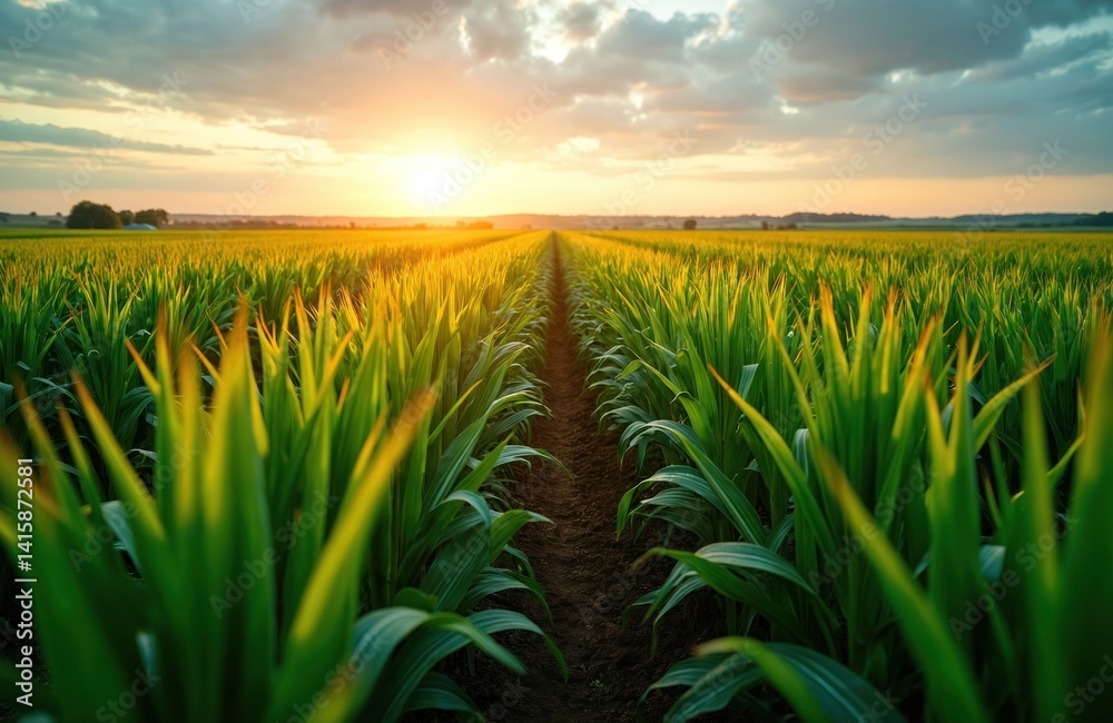 Fototapeta premium Agricultural landscape with vibrant green cornfield at sunset. Golden hour sunlight shines on the horizon. Agriculture farmland crop field in summer. Nature scene. Rural area calm environment.