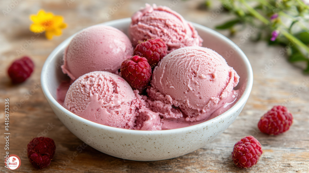 Fresh raspberries adorn creamy raspberry sorbet in a porcelain bowl on a wooden table surrounded by edible flowers Fresh raspberries adorn creamy raspberry sorbet in a porcelain bowl on a wooden table surrounded by edible flowers
