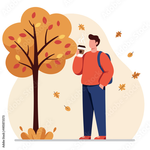 Young man wearing casual autumn clothes drinking hot coffee near colorful fall tree with orange leaves minimal flat vector illustration
