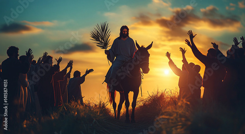 Jesus Christ, riding a donkey, enters Jerusalem during Palm Sunday.  A crowd worships him at sunset.