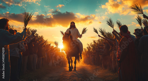 Jesus Christ riding a horse during Palm Sunday, surrounded by a crowd of people waving palm branches. A golden sunset sets the scene.