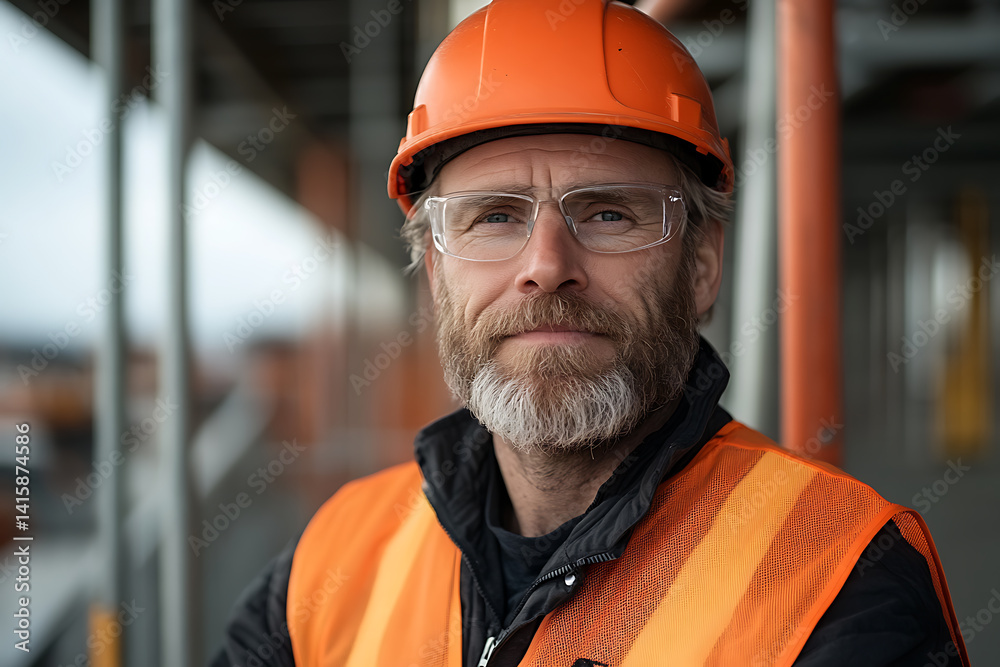 Construction Worker Portrait: A close-up of a man in an orange hard hat and safety vest, exuding experience and preparedness in a construction setting. Construction Worker Portrait: A close-up of a man in an orange hard hat and safety vest, exuding experience and preparedness in a construction setting.