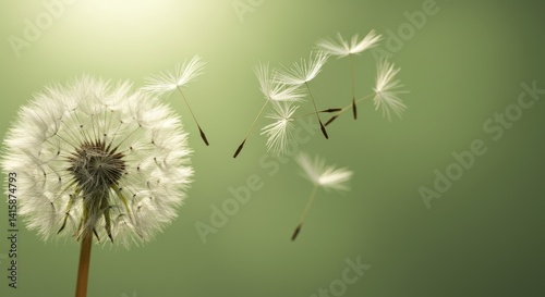 Dandelion Seeds in Flight - A single dandelion with seeds blowing away on a soft green background. Nature, springtime, freedom concept © LittleDuck