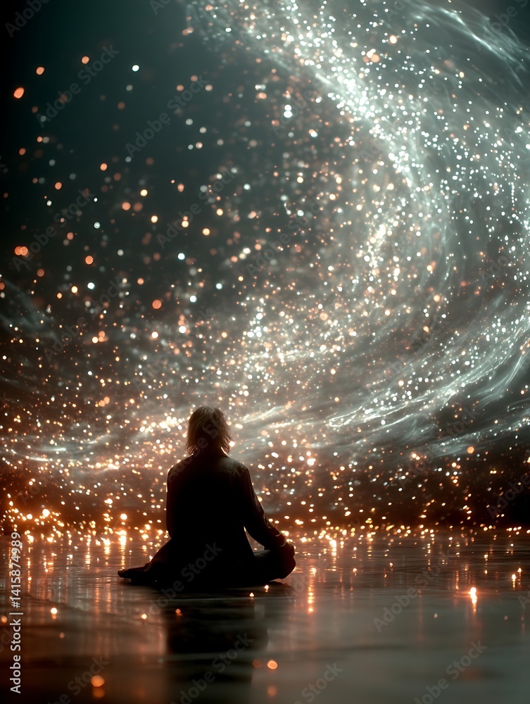 A figure sits in a cross legged pose surrounded by glowing orbs. A figure sits in a cross legged pose surrounded by glowing orbs.
