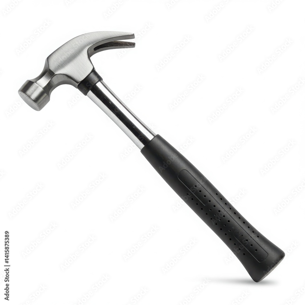 Close up view of a silver hammer with a black handle resting flat isolated on white background Close up view of a silver hammer with a black handle resting flat isolated on white background