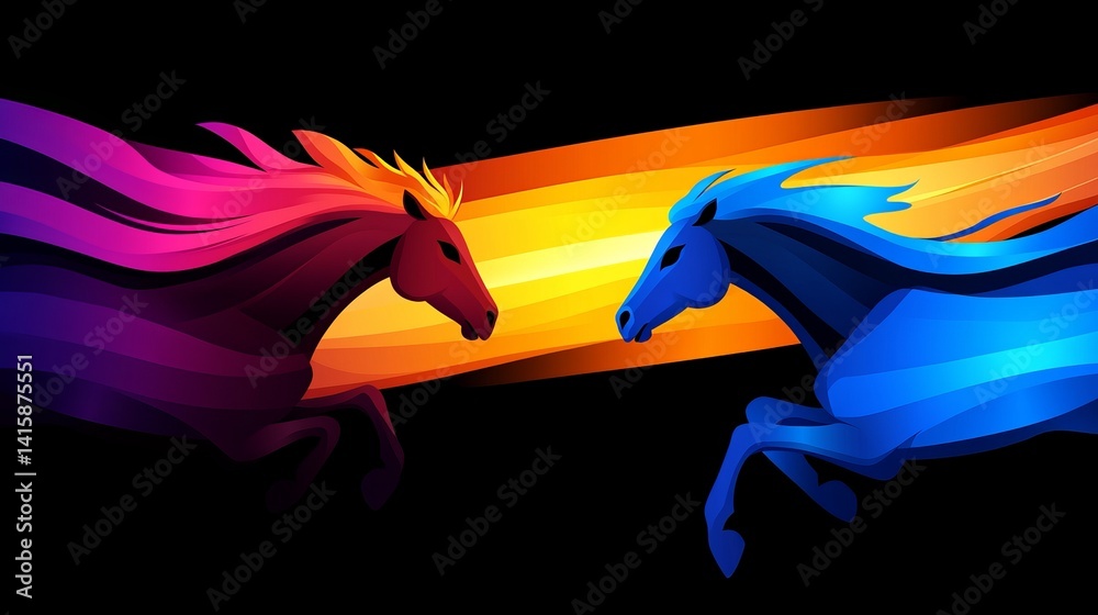 Stylized horses are galloping toward each other, colored pink and blue respectively, against a gradient orange background on a black backdrop.