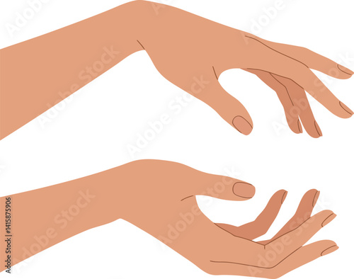 Pair of realistic human hands with natural skin tone in elegant curved gesture flat minimal vector illustration