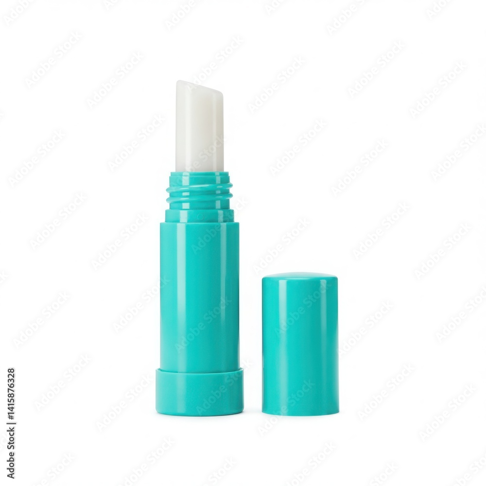 Close up of turquoise lip balm with clear balm and cap to the side isolated on white background