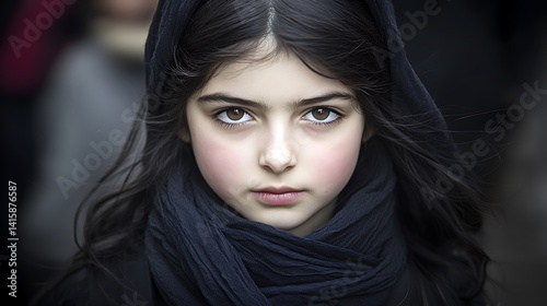Girl's intense gaze, dark hair, scarf