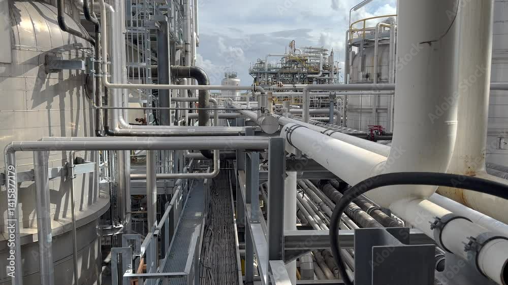 Panorama inside of the interior of a chemical plant or oil refinery. Pipeline structure, heavy equipment in process area. Steel tanks and boilers with cables, pipelines and valves for chemical mixing Panorama inside of the interior of a chemical plant or oil refinery. Pipeline structure, heavy equipment in process area. Steel tanks and boilers with cables, pipelines and valves for chemical mixing
