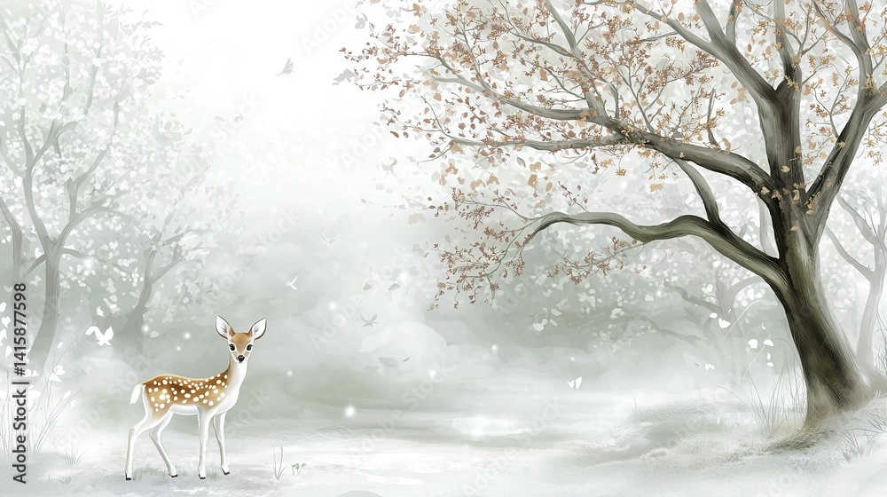 Fototapeta premium A deer stands beside a tree amidst a foggy forest, with leaves falling from branches