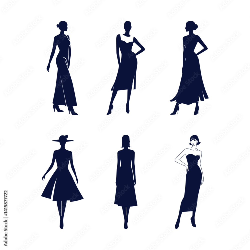 Female Model Fashion poses, Women in elegant, stylish dresses, promotion, catwal,k and photoshoot, showcasing stylish fashion. Vector clipart illustration Female Model Fashion poses, Women in elegant, stylish dresses, promotion, catwal,k and photoshoot, showcasing stylish fashion. Vector clipart illustration