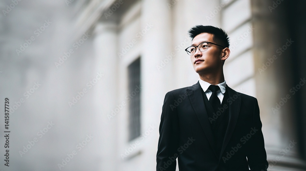 Elegant Business Visionary in Black Suit Standing Confidently Elegant Business Visionary in Black Suit Standing Confidently