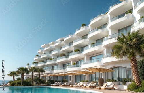 Exterior view luxury resort hotel on sunny day, waterfront area with pool, umbrella, sunbeds. Modern architecture, blue sky. Summer vacation season destination, holiday. Travel, tourism, relax,