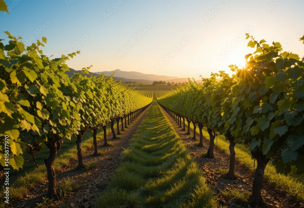 Fototapeta premium Lush green vineyard at golden hour with endless grapevine rows under clear skies and warm sunlight Generative AI