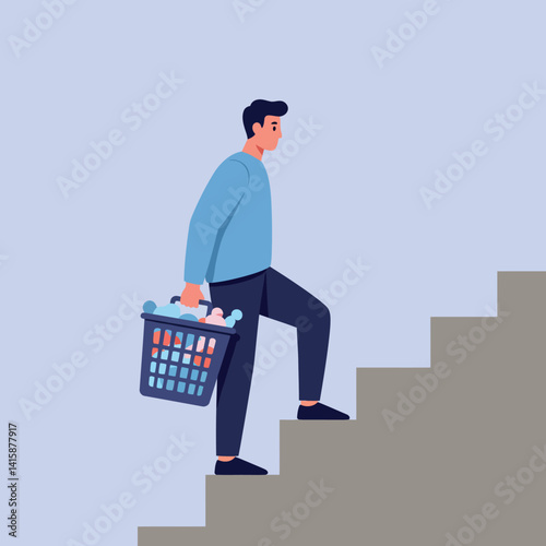 Young man carrying grocery basket while walking up staircase in flat minimal vector illustration
