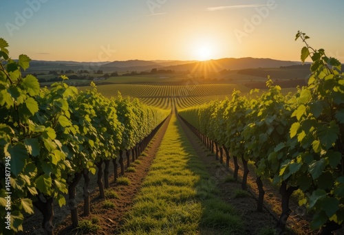 Lush green vineyard at golden hour with endless grapevine rows under clear skies and warm sunlight Generative AI