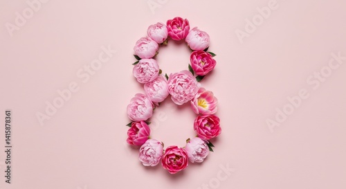 Floral Number Eight Design - Pink and light pink peonies arranged to form the number eight on a pink background. Perfect for celebrating Women's Day or other occasions