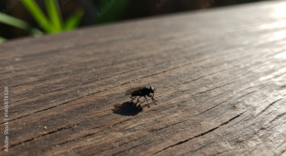 Fototapeta premium Fly on Wooden Surface - A single fly rests on a weathered brown wooden surface, its shadow cast beneath it